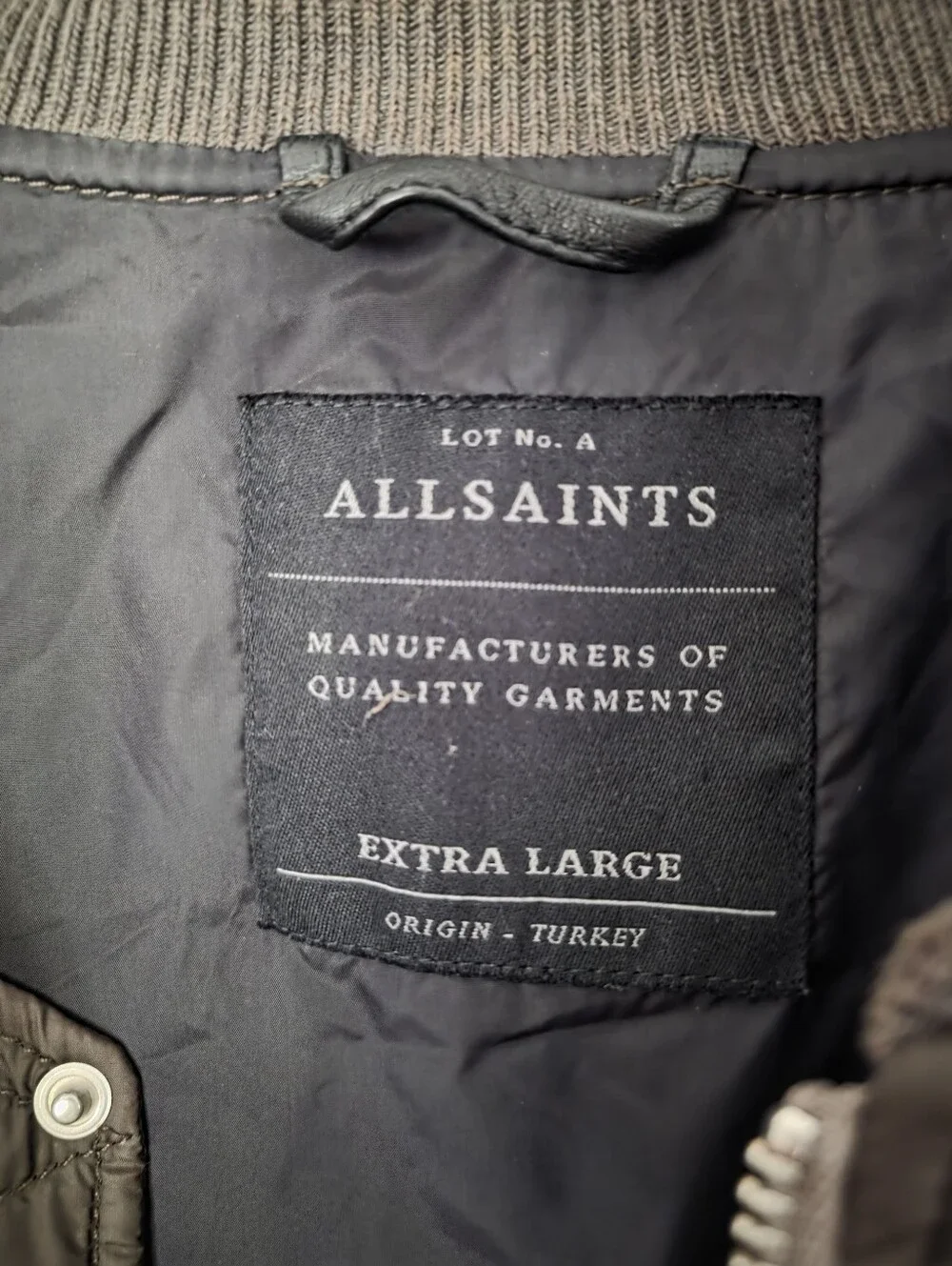 Men's AlI Saints Army Green Black MANTA Leather sleeves Bomber Jacket XL NWOT